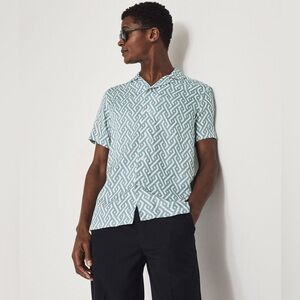 105 REISS Men’s Uptown Printed Cuban Collar Shirt, Blue, Large